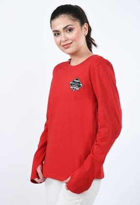 Hero Official Women’s Full-Sleeve Red Graphic T-Shirt with Embroidered Patch and Thumbholes