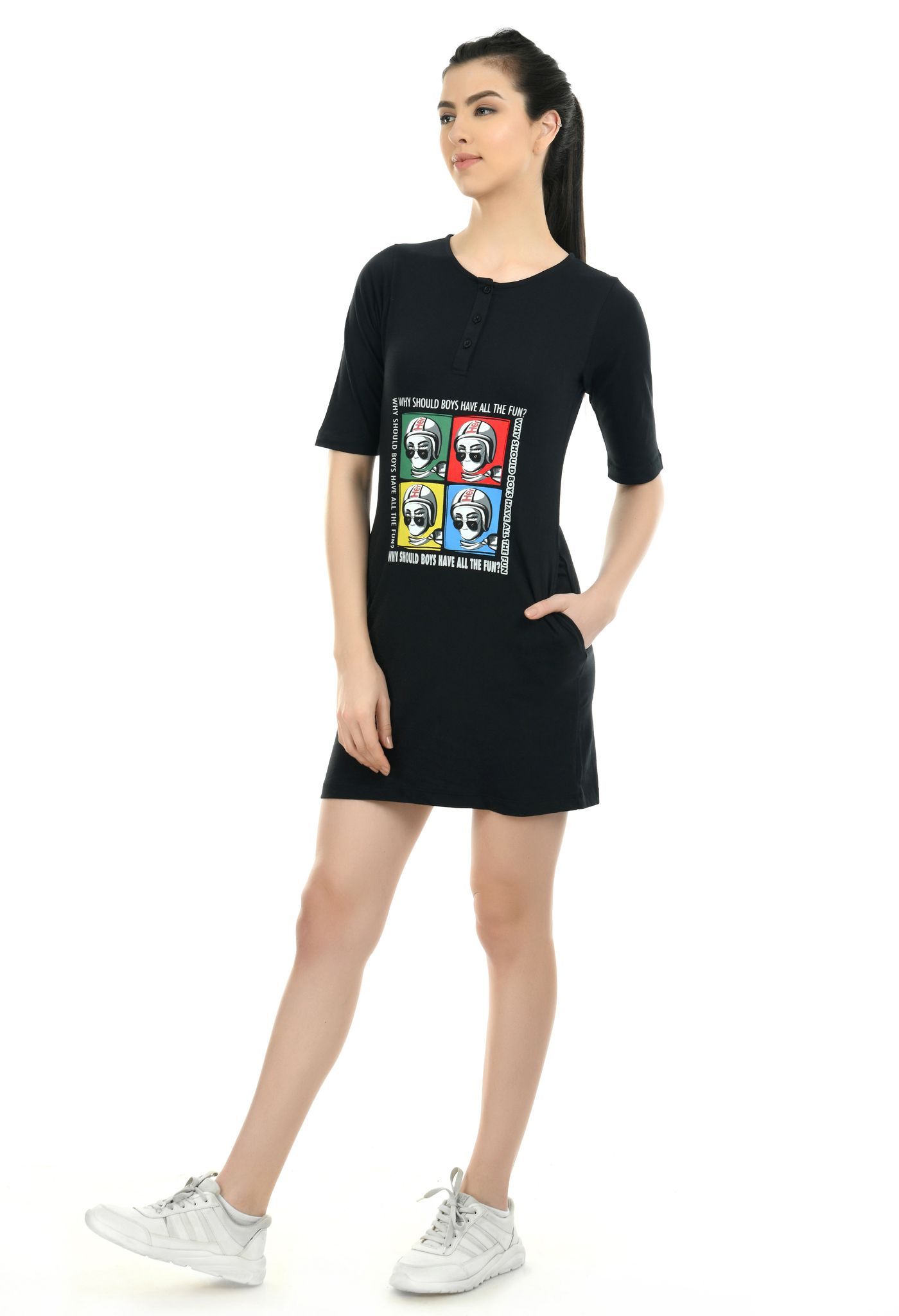 Hero Girl Women T-Shirt Dress with chest print and henley neck detail.