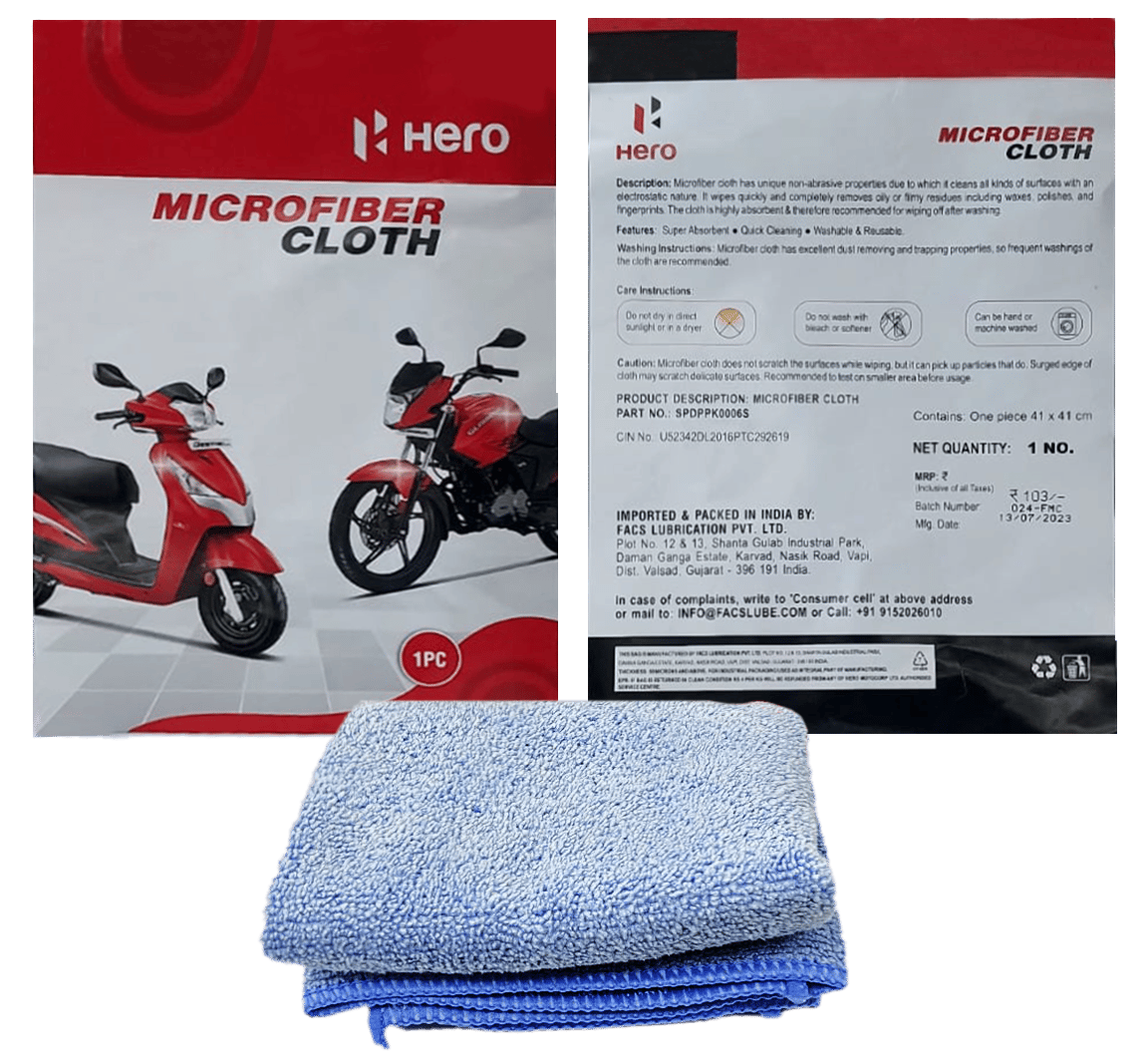 Hero Microfiber Cloth 41x41 cms | Super Absorbent | Powerful Cleaning Action | Scratch Free | Washable & Reusable Perfect for Bikes & Cars 