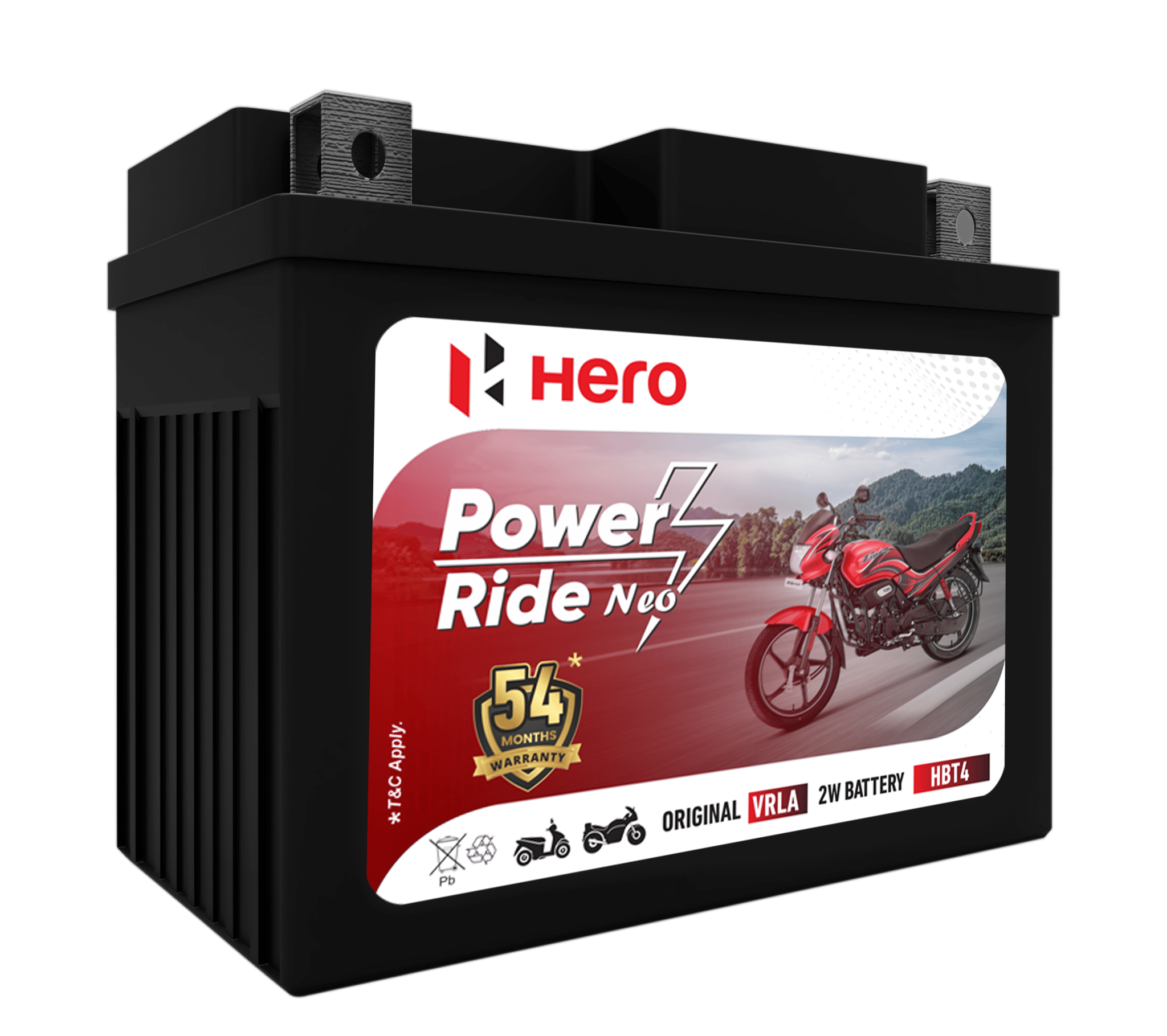 Hero - Power Ride Neo HBT4 Two Wheeler Battery | Low Maintenance | Highest Cranking Power | Easy Warranty Claim Settlement | 54 Months Warranty* - Highest In Industry ( *T&C Applied)